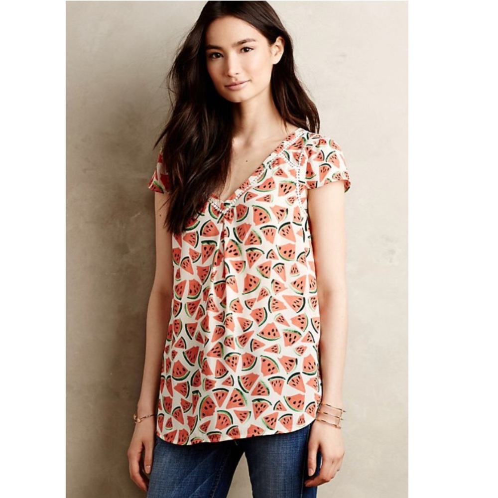 Anthropologie Watermelon Print Short Sleeve V-Neck Top - Coral, White, Green